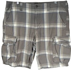 Old Navy Broken-In Cargo Shorts Mens 36 Grey Blue Plaid Favorite Khakis Cotton